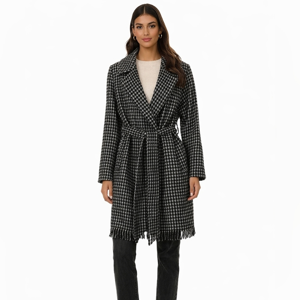 Tularosa Houndstooth Fringe Belted Jacket Coat Size S